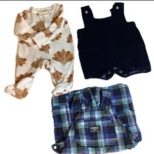 Lot of 3 Baby Outfits~Velvet Romper & Turkey Bodysuit 3M, OshKosh Overalls 12M